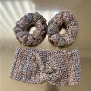 Handmade Beige and Blue Knit Hair Accessories Set